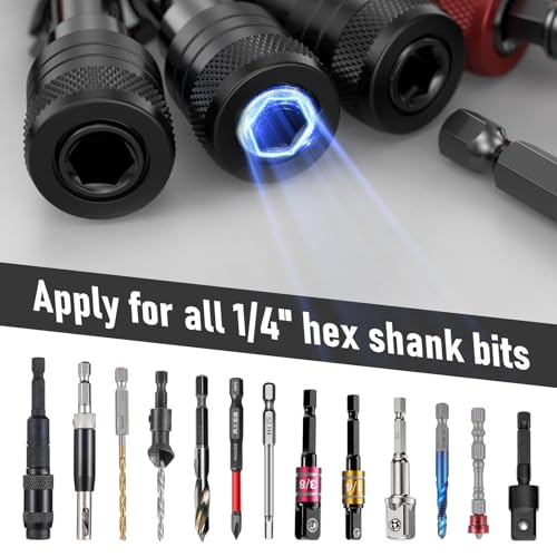 Enhanced Non-Slip Upgrade Drill Bit Holder Key Chain 6pc, 1/4 Bit Holder for Impact Driver, Quick-change Design for Nut Driver, Screwdriver & Drill Bits, Includes Handy Keychain Carabiner