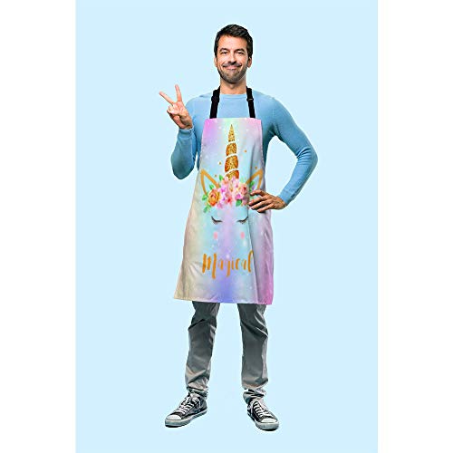 Beabes Unicorn Flower Wreath Gold Glitter Chef Apron 27 X 31 Inch Magical Rainbow Color Animal Horse Durable Non-Pilling Bib Apron For Bbq Grilling Gardening With Adjustable Neck Strap #TOP2