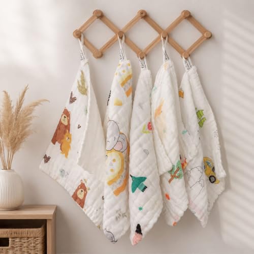 Image of 6 Layer Muslin Cotton Baby Wash Cloths Pack of 5, 25x25 cm | Soft Baby Face Towels for Newborns | Absorbent Reusable Burp Cloths, Feeding Wipes & Baby Napkins
