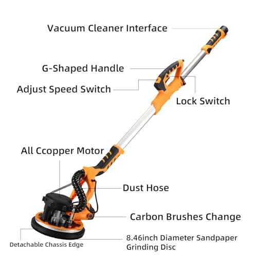 Electric Drywall Sander with Vacuum, 1390W Wall Sander Popcorn Ceiling Removal Tool, 13ft Cord, Extendable & Foldable Handle, Auto Dust Collection, LED Worklights for Wall Ceiling