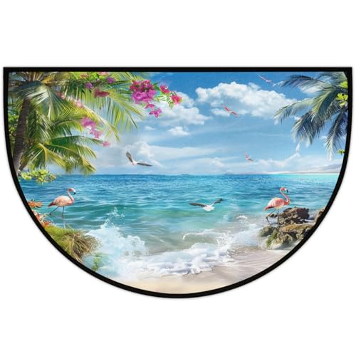 Image of Half Round Doormat Summer Flamingo Bird Flowers Non Slip Half Circle Area Rugs Indoor Washable Half Moon Rug Semi Circle Bathroom Runner Mat Entrance Floor Carpet for Kithen Bedroom Fireplace Decor