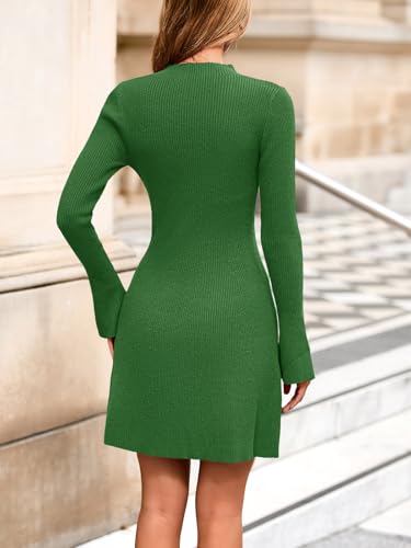 Saodimallsu Womens A Line Mini Sweater Dress Long Sleeve Bodycon Ribbed Knit Mock Neck Fall Short Dresses Army Green — view 5