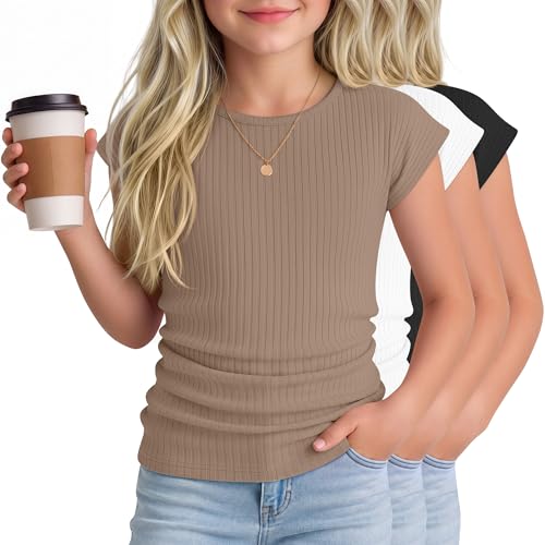 LessonZoo 3 Pack Girls’ Ribbed T-Shirts Short Cap Sleeve Tops Crew Neck Side Ruched Slim Fit Shirts Cute Casual Summer Tees(5-6 Years,Khaki, White, Black)