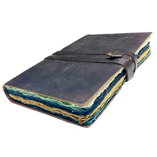 VINTAGE LEATHER JOURNAL for Women & Men, Leather Bound Junk Journal Scrapbook, 240 Pages Colored Deckle Edge Paper, Rustic Travel Journal, Antique Grimoire, Book of Shadows, Old fantasy notebook