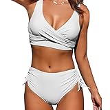 Jarseila Damen Badeanzug Crossover Bikini Set Zweiteiler Damen Elegant High Waist Bademode V Ausschnitt Push Up Bikini Weiß M