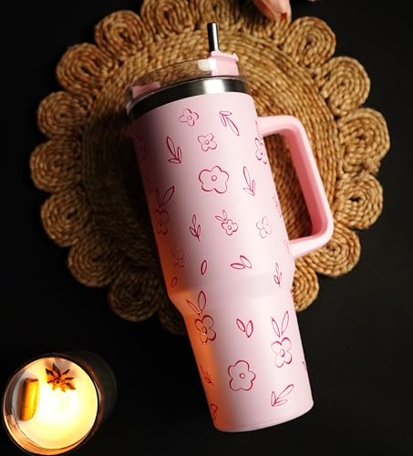 Image of 1200ML Stainless Steel Tumbler Hot and Cold with Handle and Lid and 2 Straws, Double Insulated Cup Leak Proof Mug Cupholder for Gym, Travelling (Pink Floral)