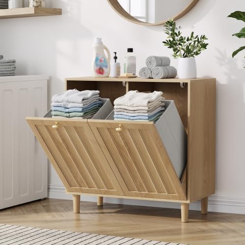 Eichenfarbener Badezimmer-Wäscheschrank mit herausnehmbarem Wäschekorb, platzsparender freistehender Haushaltsaufbewahrungsschrank
