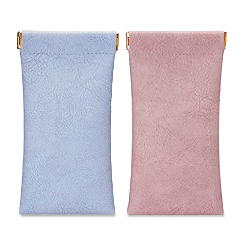 Molshine 2Pcs Portable Leather Sunglass Pouch,Soft Eyeglass Case,Eyewear Sleeve For Reading Glasses,Small Sunglasses (Blue&Pink) #TOP8