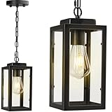 Outdoor Pendant Light, 11' Porch lights Outdoor Chandelier Hanging Ceiling Lights, Black Aluminum Lightshade with Tempered Glass, Exterior Lighting Fixture for Porch Yard Gazebo, 1 Pack, No Sensor
