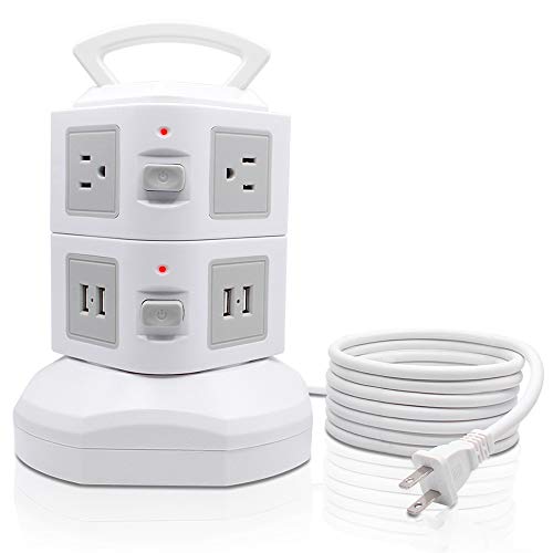 Power Strip Tower,2 Prong Surge Protector Vertical Power Strip with 6 AC Outlets and 4 USB Ports,9.8 Ft Extension Cord for Home Office Appliances Smartphones Computer Tablets(White)