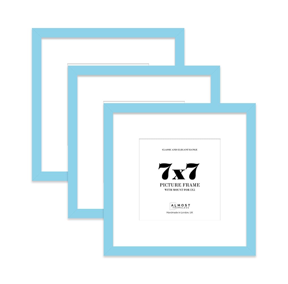 7x7 Light Blue Picture Frame with Mount for 5x5 Photos, Prints - Modern Square Wall Frame, Set of 3