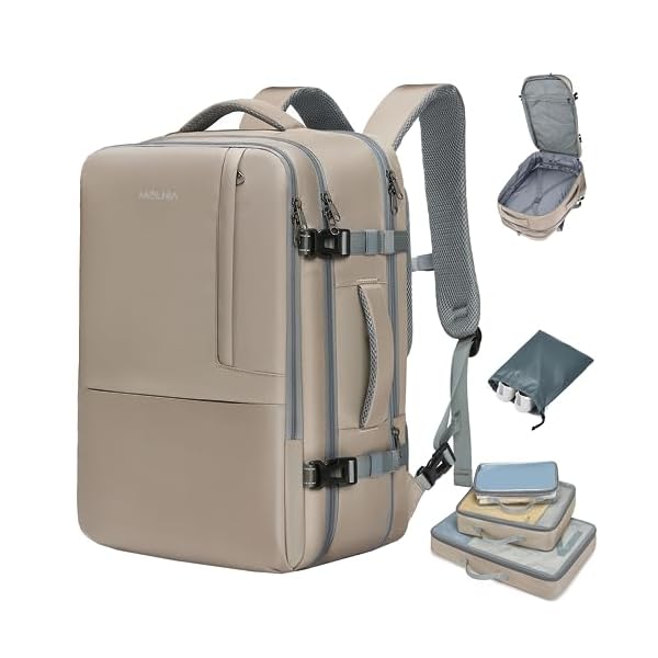 MOLNIA 50L Expandable Travel Backpack for Women Men, Carry On Travel Essentials, Flight Approved Fits 21 Inch Laptop Backpack, Waterproof Business Suitcase Weekender Backpack, Beige
