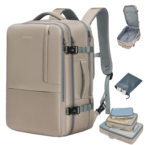 MOLNIA 50L Expandable Travel Backpack for Women Men, Carry On Travel Essentials, Flight Approved Fits 21 Inch Laptop Backpack, Waterproof Business Suitcase Weekender Backpack, Beige