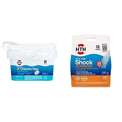 HTH 42052W Swimming Pool Care 3" Chlorine Tabs Advanced, Individually Wrapped Tablets, 5lb and HTH 52037 Swimming Pool Care Shock Advanced, Swimming Pool Chemical, Cal Hypo Formula, 12 Count(Pack of 1)