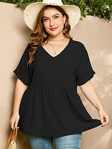 Auslook Plus Size Womens Summer Tops Black 3X Tunic Short Sleeve Blouses V Neck Clothing Pleated Tee Ladies Clothes Flowy Dressy Casual Loose Fit Outfits Maternity T Shirts Wear With Leggings #TOP2