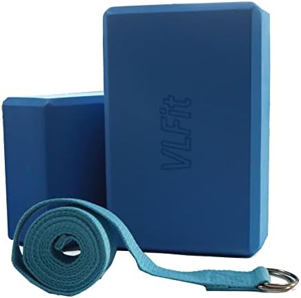 VLFit Set of 2 Hi-Density Yoga Blocks with Yoga D Ring Cotton Stretch Strap - Colour BLUE