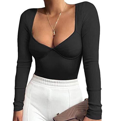Womens V Neck Bodysuit Long Sleeve Ribbed Bodysuit Leotard Jumpsuit Tops