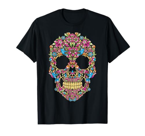 Colourful sugar skulls with flowers and birds | Camiseta T-Shirt