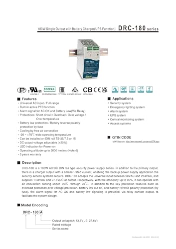 Alimentation à Sortie Unique 180 W DRC-180 à haute efficacité AC-DC