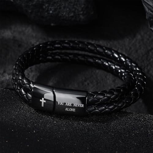 Leather Cross Bracelet for Men Christian Bible Verse Black Stainless Steel Bracelet, Inspirational Birthday Christian Graduation Gifts Ideas for Soulmate Boyfriend Man Dad Husband Grandson Son2