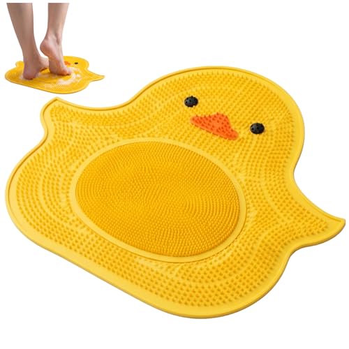 Shower Foot Scrubber Mat with Suction Cups, Duck Shaped Shower Silicone Foot Washer for Cleaning Exfoliating Massage, Feet Scrubber for Bath with Deep Clean Soft Bristles (Yellow)