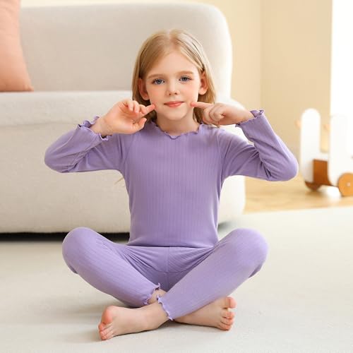 Image of Girls Thermal Underwear Set Girls' Ruffle Trim Fall Base Layer Apparel Set Winter Top and Long pants Violet for 3Y