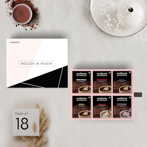 Image of COCOSUTRA Drinking Chocolate Mix | 18 Single-Serve Sachets (20g Each) | 6 Flavours - Mocha, Caramel, Swiss Vanilla, Hazelnut, Mexican Spiced & Peppermint | Gluten Free & Vegan | Enjoy Hot or Cold | 360g