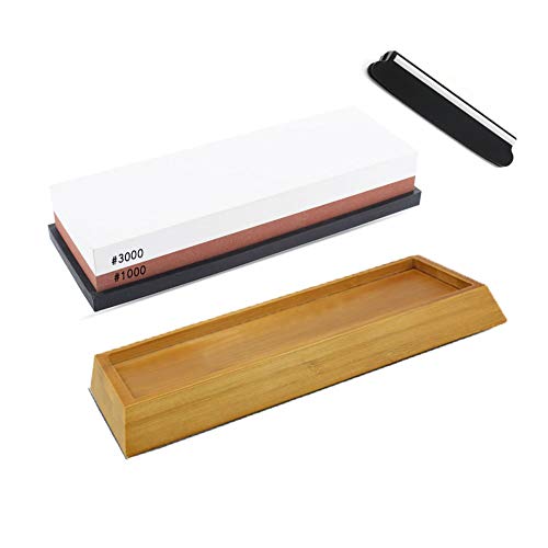 Sharpening Stone,Whetstone 3000/1000 Grit Dual-Sided Water Stone Sharpener,with Non-Slip Bamboo Base & Flattening Stone for Kitchen, Tactical, Outdoor
