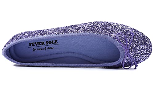 Feversole Round Glitter Ballerina, Damen Klassische Ballerinas Profilsohle Glänzende Ballerina Flach Glänzende Lavendel 38