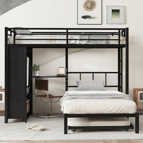 Sailret Twin Over Twin Bunk Bed with Trundle and Wardrobe,