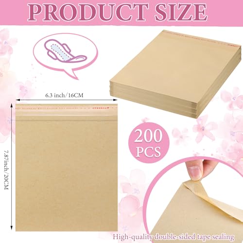 Dunzoom 200 Pcs Large Sanitary Napkin Disposal Bags Feminine Hygiene Disposal Bags 7.87 x 6.3 Inch Bulk Disposable Kraft Tampons Bags for Feminine Products with Self Adhesive for Women Girls