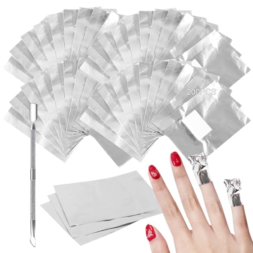 Soodyoow Papillotes en Aluminium, 200 pièces Papillotes en Aluminium Vernis à Ongles Enlever, Papillotes Vernis Semi Permanent, pour Retirer À Ongles Le Gel Ongle, avec Poussoir à Cuticules