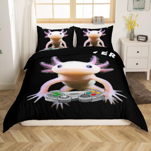 Axolotl Comforter Cover, Cute Axolotl Play Gamer Bedding Set Queen For Kids Boys Teens Games Room Decor, Mexican Animal Duvet Cover Aquatic Reptile Axolotl Quilt Cover With 2 Pillow Cases, Black