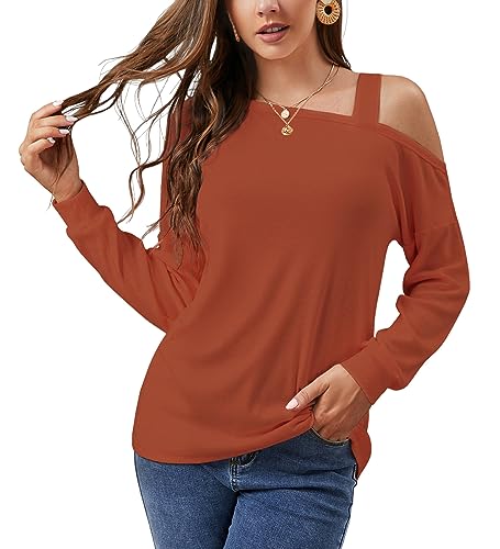 JINKESI Womens Long Sleeve Tunic Tops Casual Cold Shoulder Blouse Shirts Caramel-Small