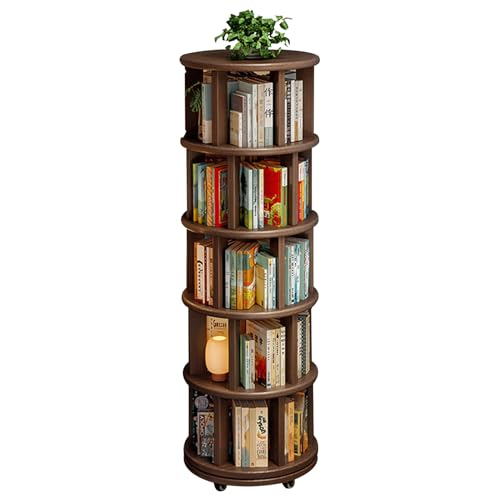 DAYONG 5-Tier Rotating Bookshelf Large Capacity Solid Wood Bookcase with Wheels Space-Saving Book Shelf Storage Display Rack Floor Standing Shelves for Small Space Corner Office (Walnut)