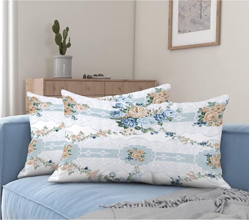 Image of la' amour Premium Cotton Elastic Fitted Bedsheets with 2 King Size Pillow Covers Double Bed with All Around Elastic Supersoft Size - 72 King Sizex78+10 inches White Teal Abstract 200 tc - 220 tc