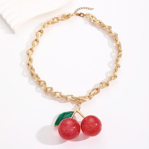 Large Cherry Pendant Necklace for Women Gold Chunky Rope Chain Statement Fruit Jewelry4