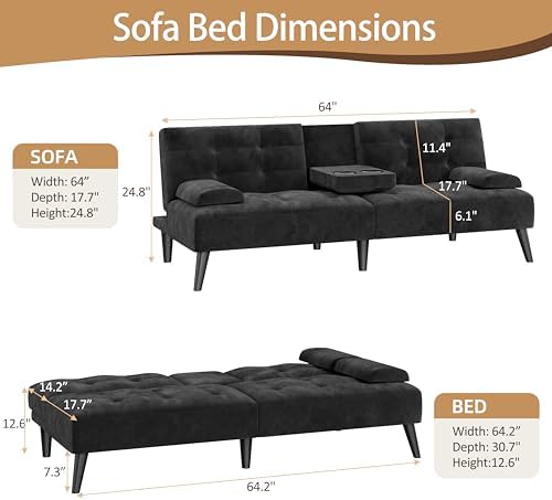 JAMFLY-Futon Sofa Bed - Black Velvet