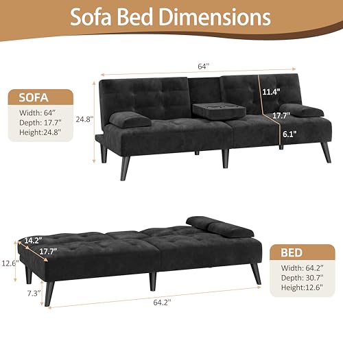 JAMFLY Futon Sofa Bed, 64\" Small Futon Couch with Adjustable Backrest, 3-Angle Recliner, Detachable Armrests with Cup Holders for Small Spaces, Living Room, Office, Apartment (Black Velvet)