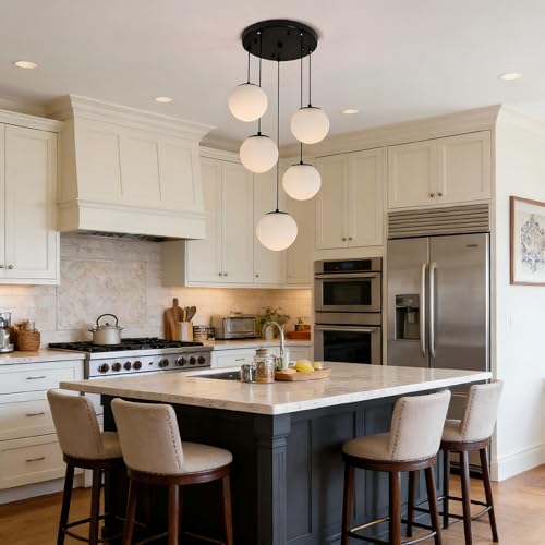 Loyled Cluster Globe Glass Chandelier Black 5-Lights, Mid Century Pendant Lights with Milk White Glass, Multi Cluster Pendant Light for Stair, Adjustable Height Island Ceiling Hanging Light by Loyled - Image 3