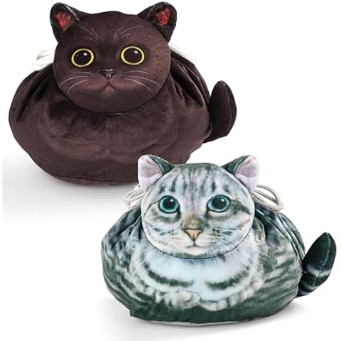 Openhahaha 2-Pack(Black Cat and Grey Tabby Cat),Drawstring Makeup Bag,Cat Makeup Bag Cat Gift for Women, Lay Flat Makeup Bag Gifts for Cat Lovers Cover