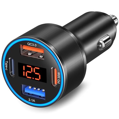 USB C Car Charger, 4-Port 65W Dual 12V USB-A & USB-C Car Phone Charger with Voltmeter PD/QC 3.0 Fast Charging Cigarette Lighter Adapter for iPhone 16e 15 14 13 12 11 Pro Max,Samsung, Android(Black)