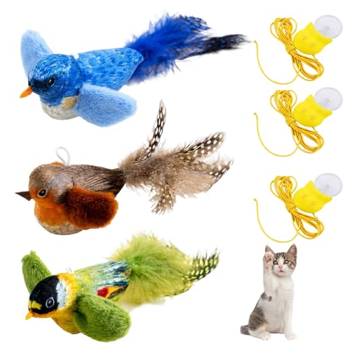 QhgPnt Flying Bird Cat Toy Fluttering and Chirping Bird Cat Toy for Indoor Cats 3 Pack Flappy Bird Cat Toys with Hanging Ropes Interactive Cat Toy for Multi-Cat Households and Small Living Spaces