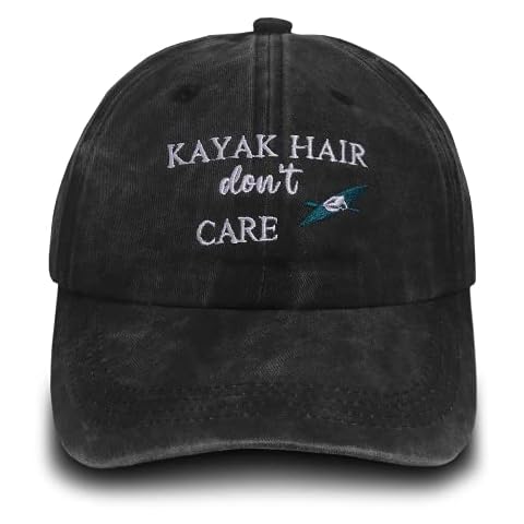 Embroidered Kayak Hair Don't Care Low Profile Baseball Cap Vintage Distressed Washed Denim Dad Hat Adjustable One Size, Black, One Size Cover