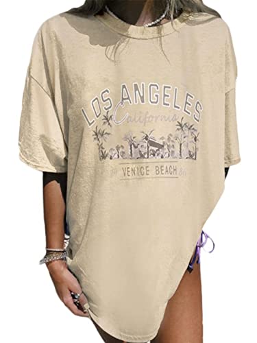 Fenxxxl Women's LA Aesthetic Gym Shirt Vintage Oversized Graphic Tee - Khaki, Small