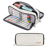 ANGOOBABY Large Pencil Case Big Capacity 3 Compartments Canvas Pencil Pouch for Teen Boys Girls School Students (Black Dot)