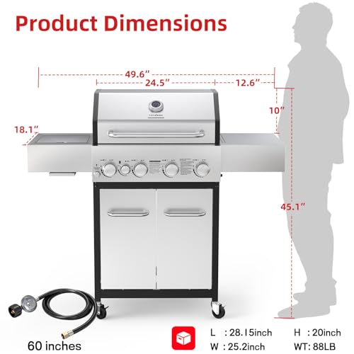 Image of Veralune 4 Burner Gas Grill with Side Burner, 4 Burner Outdoor Cooking Grill with Infrared Side Burner, Outdoor BBQ Grill with Oil Tray, Built-in Thermometer, Enameled Cast Iron Grates, 55,000 BTU