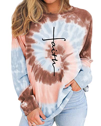 ZILIN Women s Casual Letter Print Color Block Tie Dye Crewneck Long Sleeve Loose Pullover Sweatshirt Tunic Tops Brown
