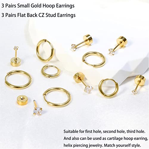 Dainty 6 Pairs Earrings Sets For Multiple Piercing, Lightweight 14K Gold Plated Small Huggie Hoop Earrings, Flat Back Tiny Cubic Zirconia Stud Earrings For Cartilage, Helix, Lobe, Hypoallergenic (14K Gold Plated- Huggie Hoops And Cz Studs) #TOP5