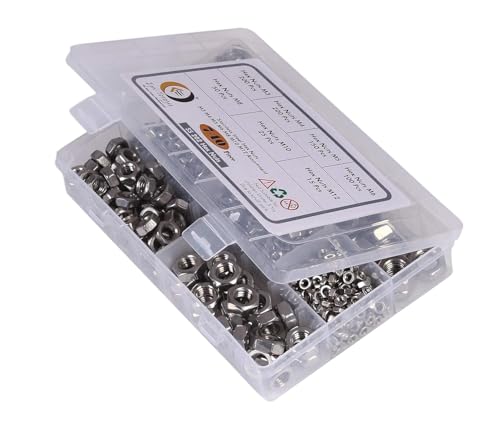 Image of Stainless Steel 202 Grade Hexagonal Nuts 7 Sizes M3, M4, M5, M6, M8, M10, M12 Assortment Pack of 740 Pcs with Storage Box